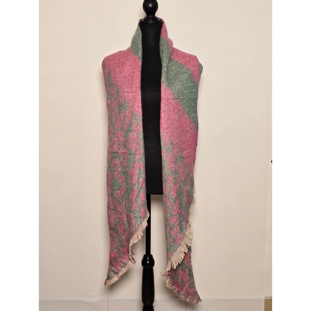 Cozy Pink & Green Leopard Print Tassel Wrap / Oversized Scarf Scandi Girl